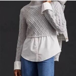Anthropologie Maeve Cable Knit Layers Sweater Women L Gray White Boho Mock Neck